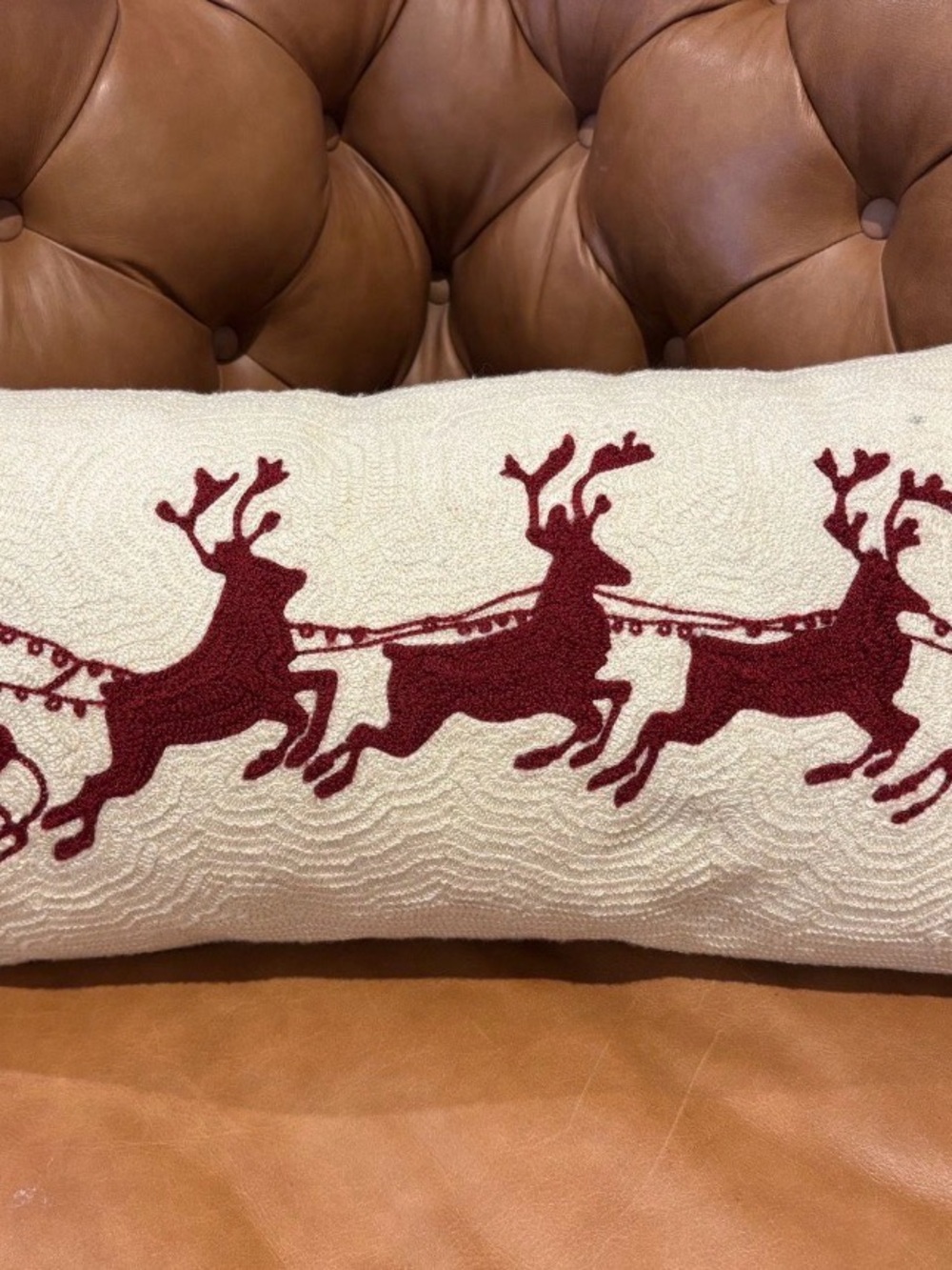 Pottery Barn Embroidered Sleighbell Lumbar Pillow Santa and Reindeer, Red Bells